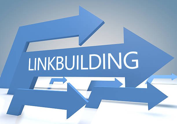 Linkbuilding 3d render concept with blue arrows on a bluegrey background.